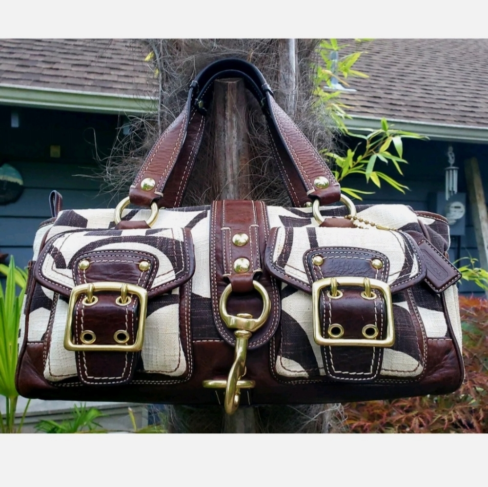 Coach Mandy 65 Anniversary Legacy Satchel Bag Buckle Pockets Khaki Gold Leather